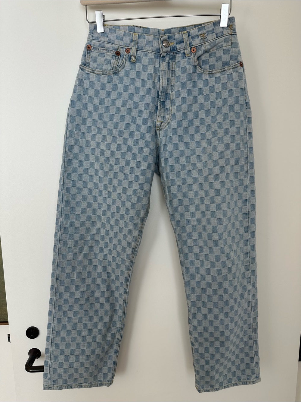 R13 Light Blue Checkerboard Straight Jeans